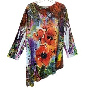 Jess & Jane Multicolor Floral Asymmetric Tunic w/ Rhinestone Details - Size 2X